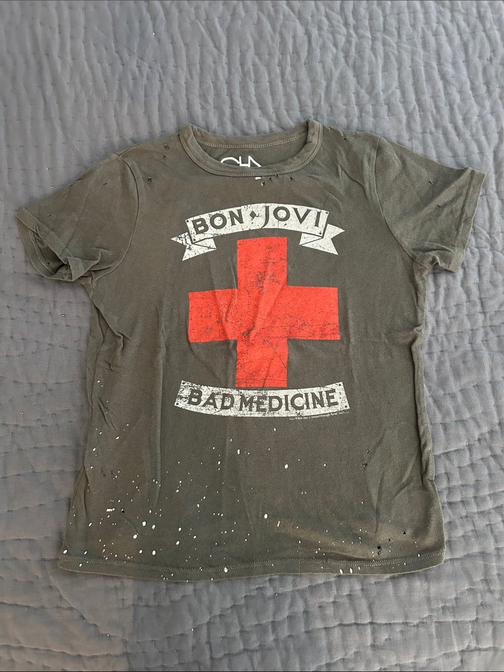 Bon Jovi 'Bad Medicine' Short Sleeve Graphic Tee in Olive with Red Cross